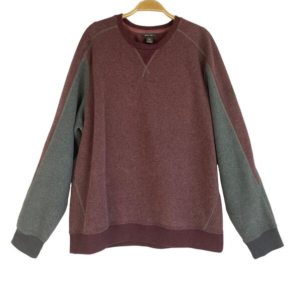 Eddie Bauer Terry Fleece Colorblock Sweater Men XL Burgundy Gray Crewneck Relax - Picture 1 of 9
